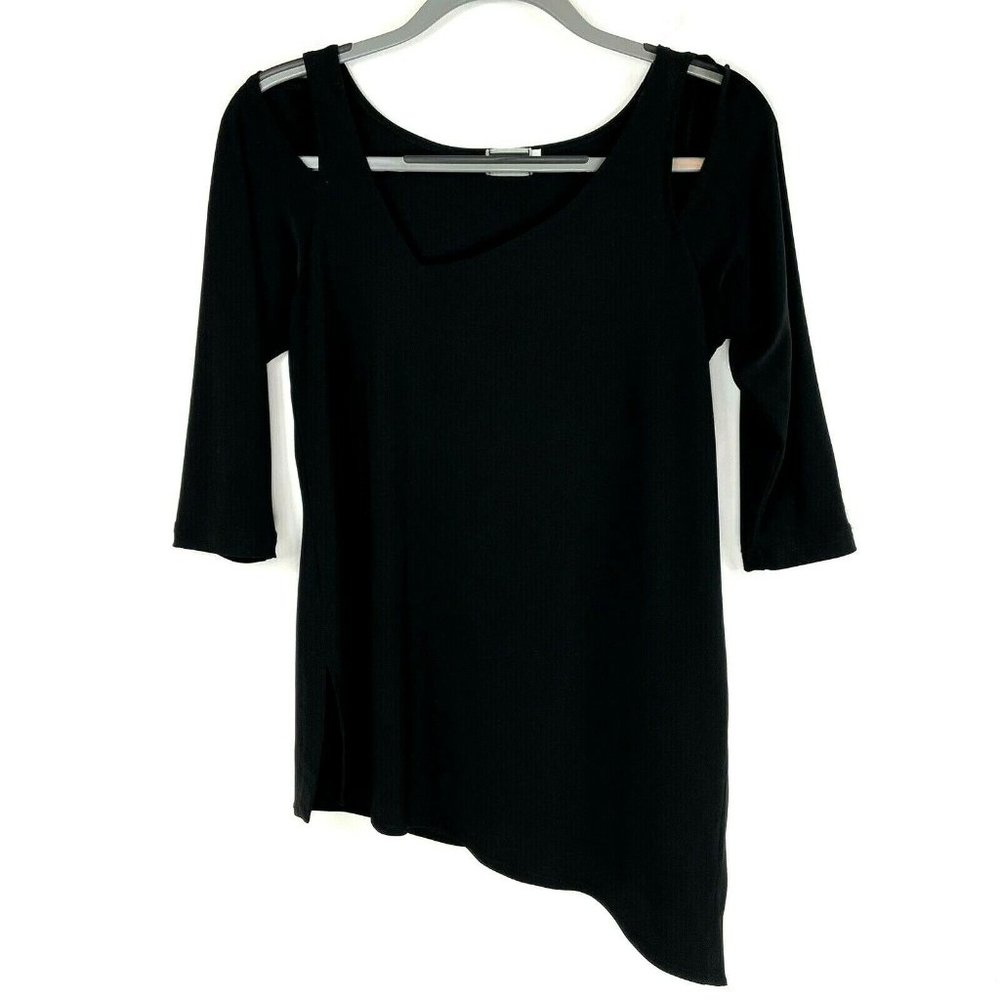 Sympli Top Size 6 Tunic Black Asymmetrical Hem Cut Out Cold Shoulder
